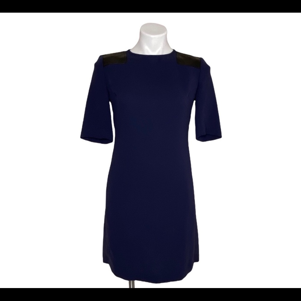 Marc By Marc Jacobs Ink Blue Shift Dress Short Sleeve Leather Shoulder Patches 4